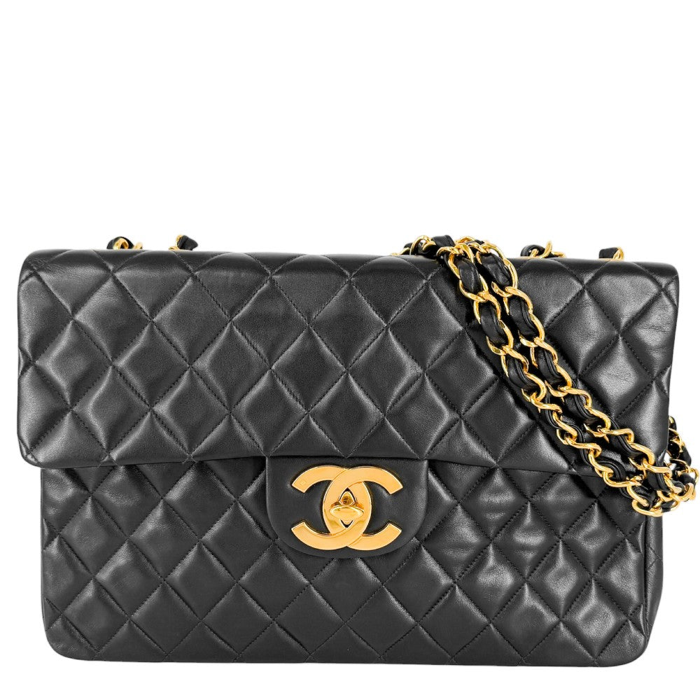 CHANEL シャネル ショルダーバッグ デカマトラッセ34 ココマーク ダブルチェーン ターンロック ラムスキン ブラック 黒 ゴールド金具 レディース【中古品】