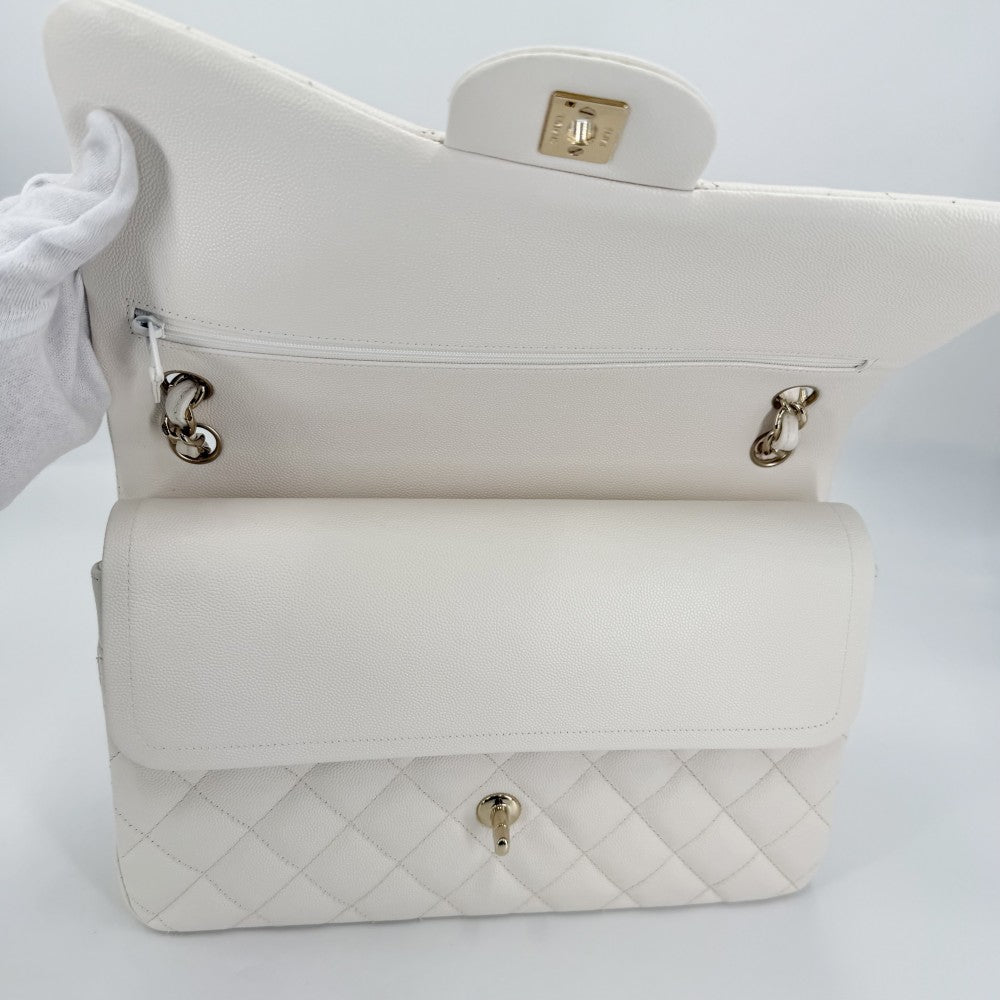 CHANEL シャネル ショルダーバッグ マトラッセ30 ココマーク ターンロック ダブルフラップ ダブルチェーン キャビアスキン ホワイト 白 ゴールド金具 レディース【中古品】