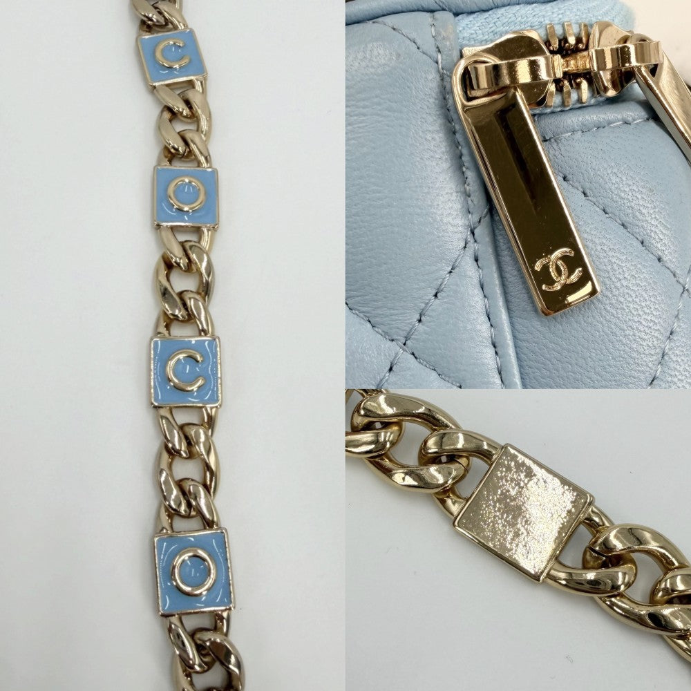CHANEL シャネル ショルダーバッグ マトラッセ ミニバニティポーチ チェーンショルダー ココマーク ラムスキン ライトブルー ゴールド金具 レディース【中古品】
