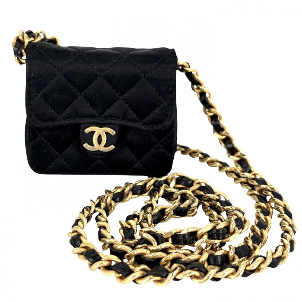 CHANEL シャネル ショルダーバッグ ミニチェーンショルダーバッグ ミニミニマトラッセ ポシェット コインケース マイクロ サテン ブラック 黒 マットゴールド金具 レディース【中古品】