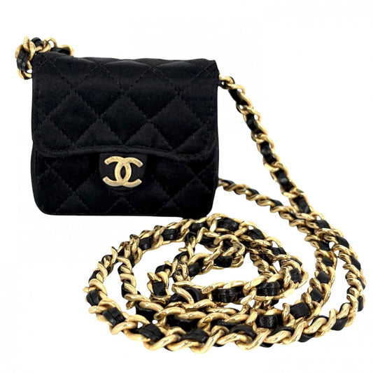 CHANEL シャネル ショルダーバッグ ミニチェーンショルダーバッグ ミニミニマトラッセ ポシェット コインケース マイクロ サテン ブラック 黒 マットゴールド金具 レディース【中古品】