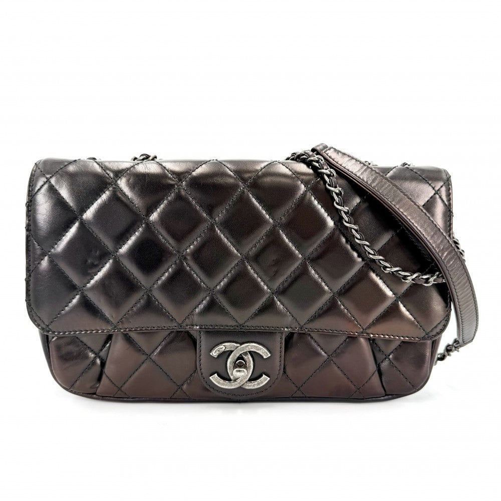 CHANEL シャネル ショルダーバッグ マトラッセ ココマーク ダブルチェーン レザー ブラウン系 マットシルバー金具 レディース【中古品】