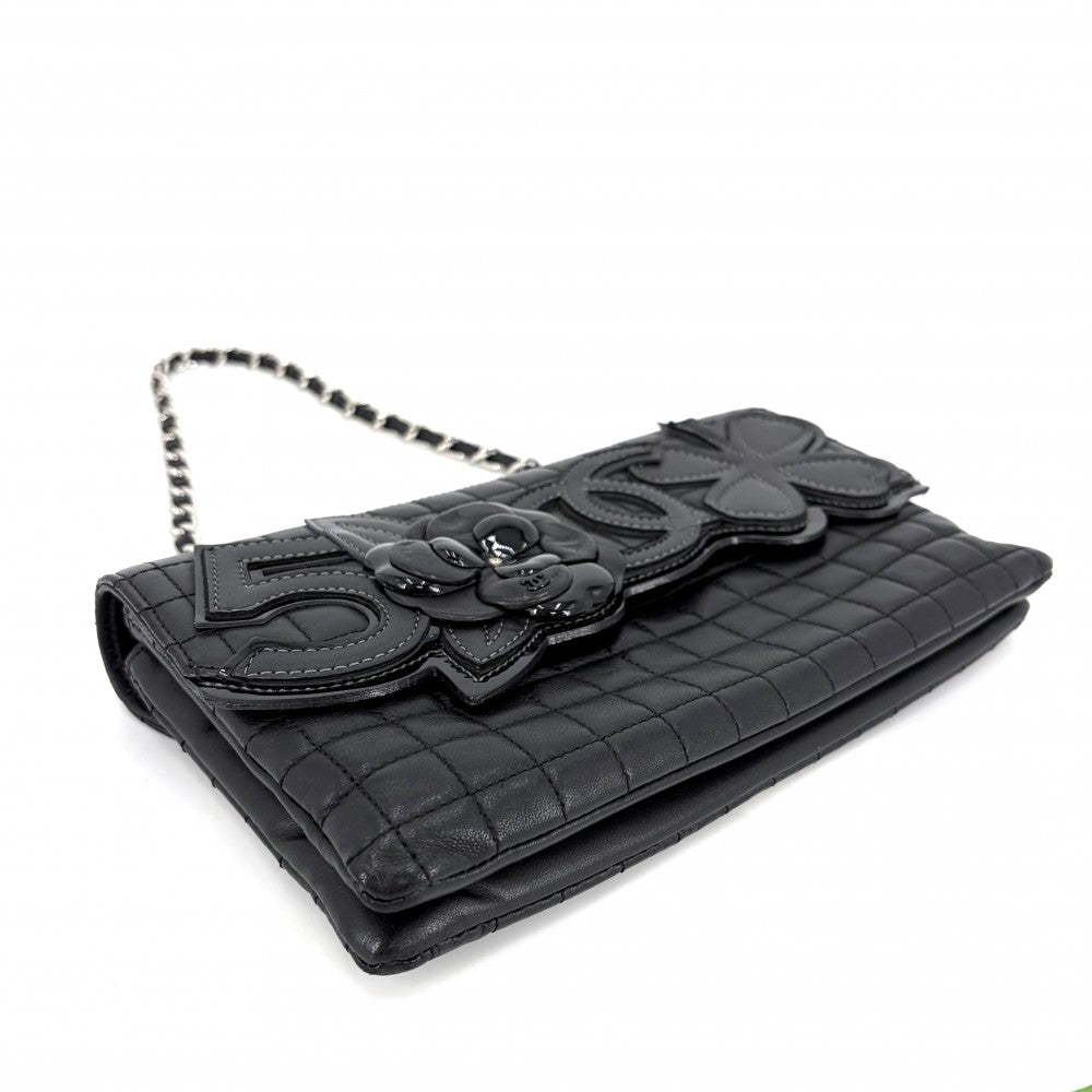 CHANEL シャネル ショルダーバッグ アイコン チョコバー ミニチェーンバッグ ココマーク カメリア ラムスキン ブラック 黒 シルバー金具 レディース【中古品】