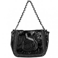 CHANEL シャネル ショルダーバッグ ココマーク チェーン エナメル パテントレザー ブラック 黒 シルバー金具 レディース【中古品】