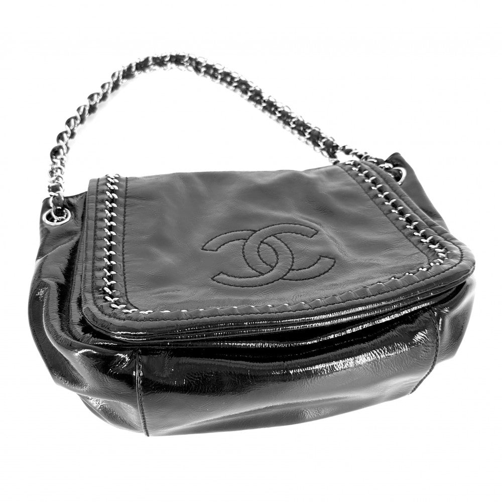 CHANEL シャネル ショルダーバッグ ココマーク チェーン エナメル パテントレザー ブラック 黒 シルバー金具 レディース【中古品】