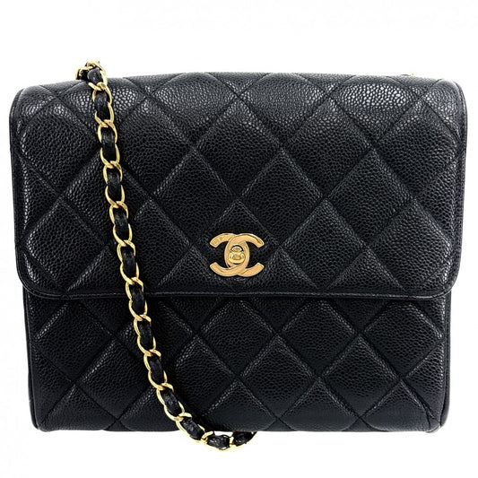 CHANEL シャネル ショルダーバッグ マトラッセ チェーンショルダー スクエア ココマーク ターンロック キャビアスキン ブラック 黒 ゴールド金具 レディース【中古品】