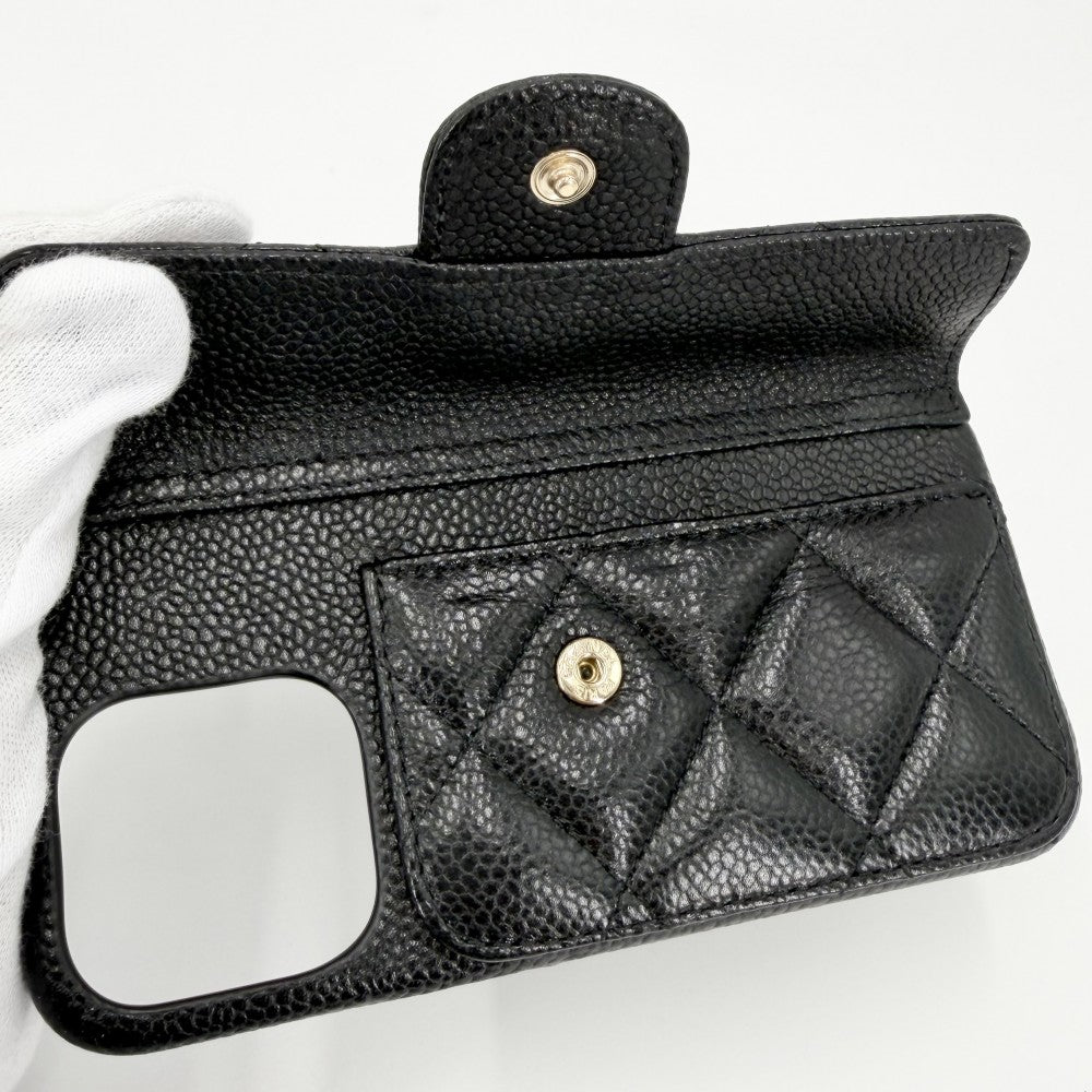 CHANEL シャネル iPhoneケース マトラッセ iPhone13 14 スマホショルダー チェーンショルダー ココマーク キャビアスキン ブラック 黒 ゴールド金具 レディース【中古品】