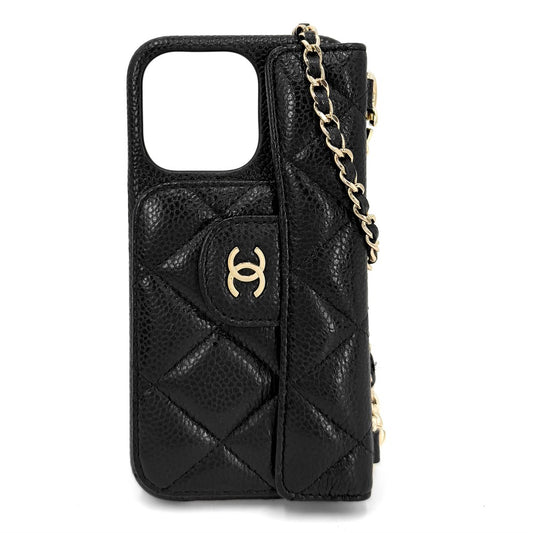 CHANEL シャネル iPhoneケース マトラッセ iPhone13 14 スマホショルダー チェーンショルダー ココマーク キャビアスキン ブラック 黒 ゴールド金具 レディース【中古品】