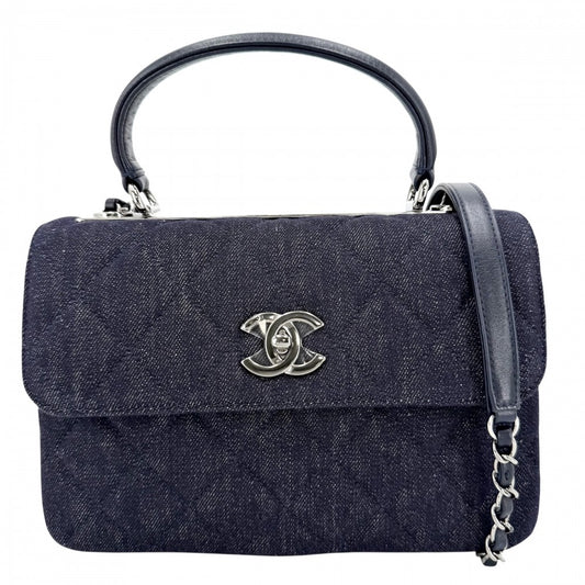 CHANEL シャネル 2WAY マトラッセ ココマーク ハンドバッグ ショルダーバッグ チェーンショルダー ターンロック デニム レザー ネイビー 紺 シルバー金具 レディース【中古品】