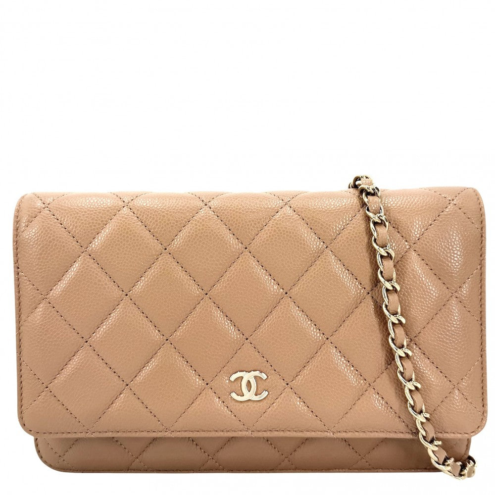 【開店SALE】 CHANEL シャネル チェーンウォレット マトラッセ ココマーク ショルダーバッグ キャビアスキン ベージュ系 ゴールド金具 レディース【中古品】