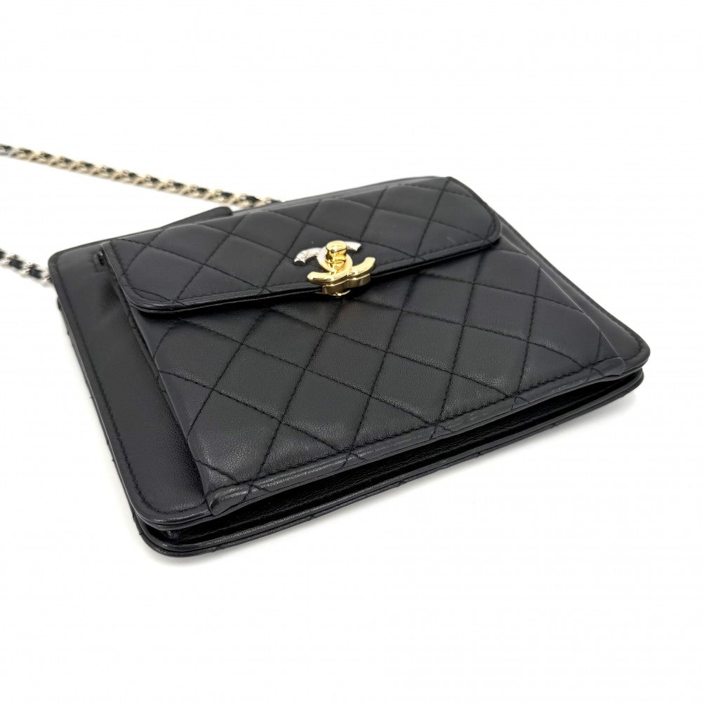 【開店SALE】 CHANEL シャネル ショルダーバッグ ミニチェーン マトラッセ ポシェット レザー ブラック 黒 シルバー×ゴールド金具 レディース【中古品】