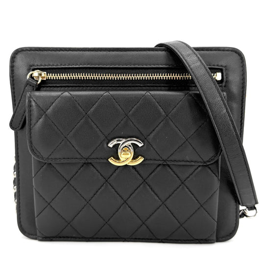 【開店SALE】 CHANEL シャネル ショルダーバッグ ミニチェーン マトラッセ ポシェット レザー ブラック 黒 シルバー×ゴールド金具 レディース【中古品】