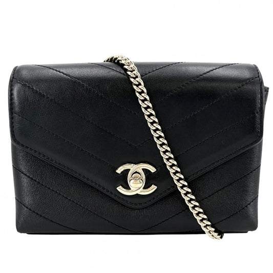 CHANEL シャネル ショルダーバッグ シェブロン Vステッチ ココマーク レザー ブラック 黒 ゴールド金具 レディース【中古品】