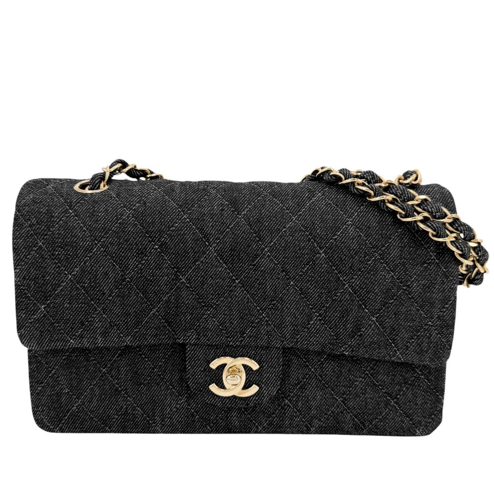 CHANEL シャネル ショルダーバッグ マトラッセ25 ターンロック ダブルフラップ ダブルチェーン ココマーク デニム ブラック 黒 ゴールド金具 レディース【中古品】