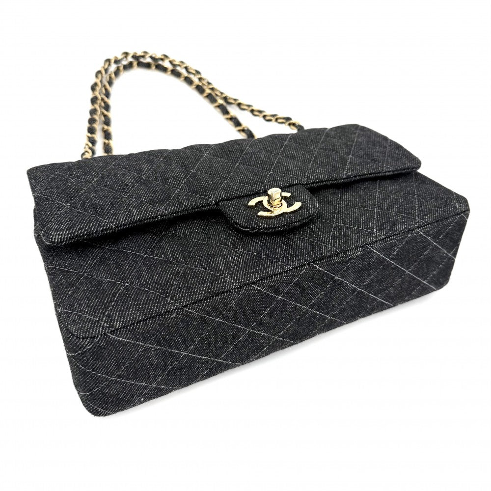 CHANEL シャネル ショルダーバッグ マトラッセ25 ターンロック ダブルフラップ ダブルチェーン ココマーク デニム ブラック 黒 ゴールド金具 レディース【中古品】