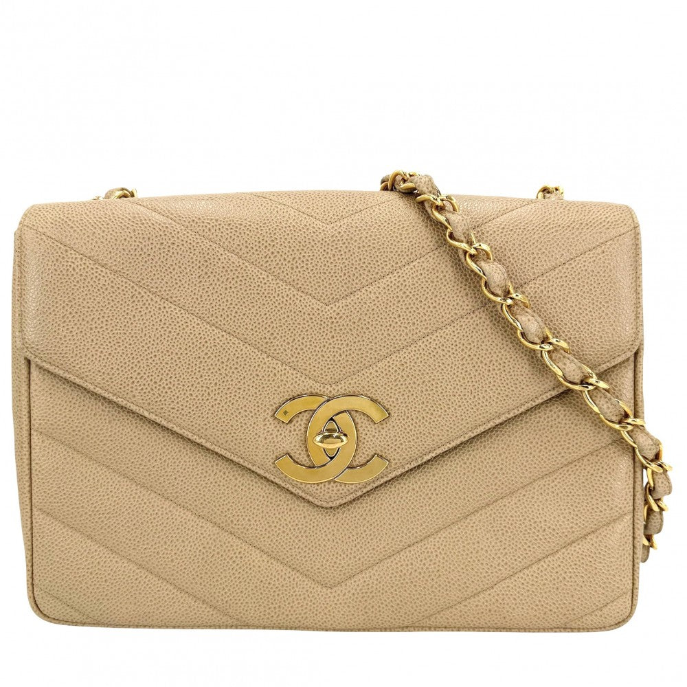 CHANEL シャネル ショルダーバッグ ココマーク ターンロック Vステッチ シェブロン キャビアスキン ベージュ ゴールド金具 レディース【中古品】