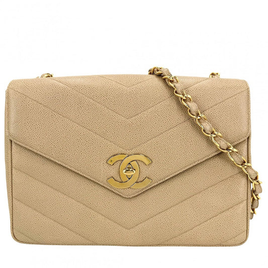 CHANEL シャネル ショルダーバッグ ココマーク ターンロック Vステッチ シェブロン キャビアスキン ベージュ ゴールド金具 レディース【中古品】