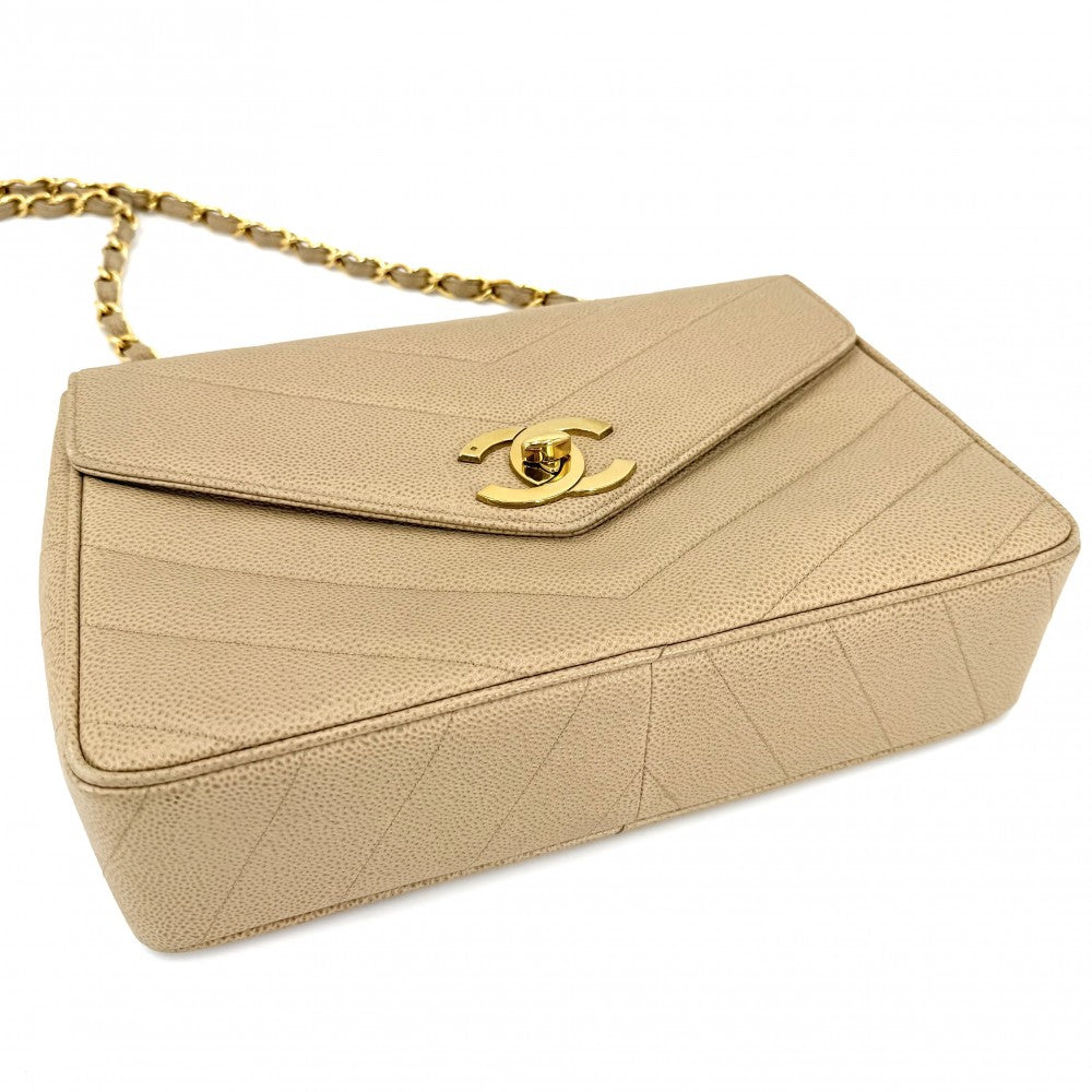 CHANEL シャネル ショルダーバッグ ココマーク ターンロック Vステッチ シェブロン キャビアスキン ベージュ ゴールド金具 レディース【中古品】