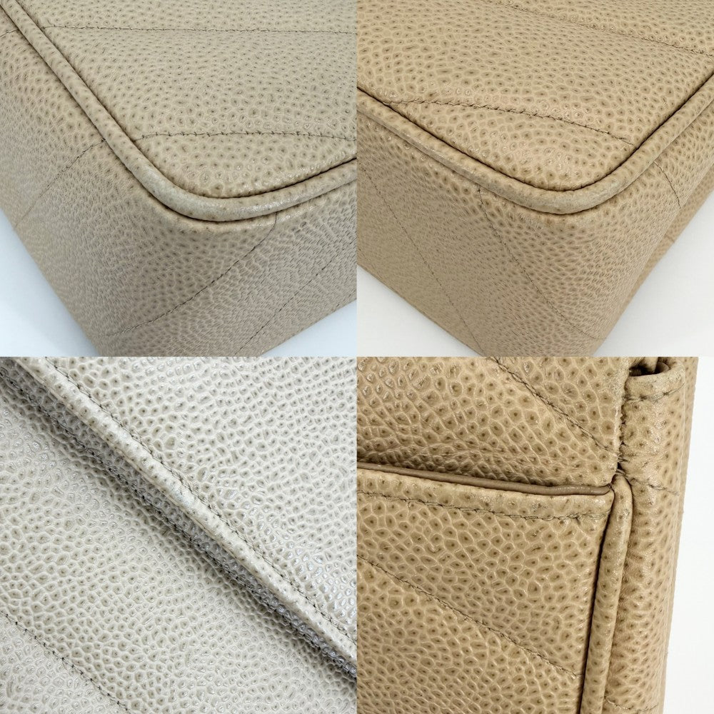 CHANEL シャネル ショルダーバッグ ココマーク ターンロック Vステッチ シェブロン キャビアスキン ベージュ ゴールド金具 レディース【中古品】