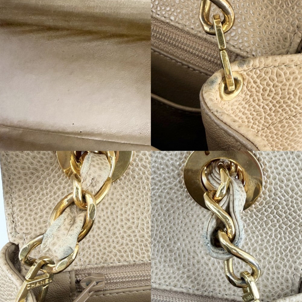 CHANEL シャネル ショルダーバッグ ココマーク ターンロック Vステッチ シェブロン キャビアスキン ベージュ ゴールド金具 レディース【中古品】