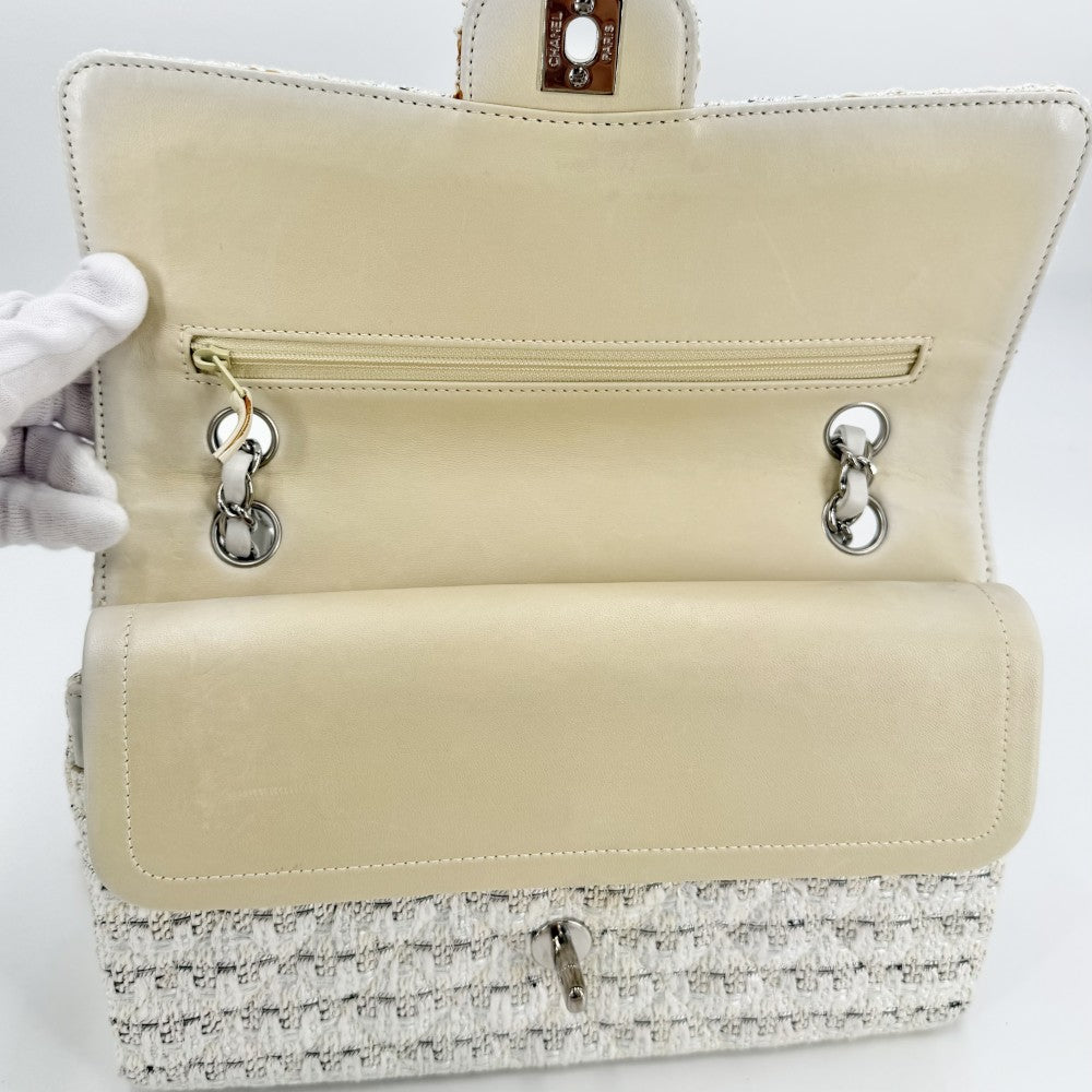 CHANEL シャネル ショルダーバッグ マトラッセ25 ココマーク ダブルフラップ ダブルチェーン ツイード レザー ホワイト 白 シルバー金具 レディース【中古品】