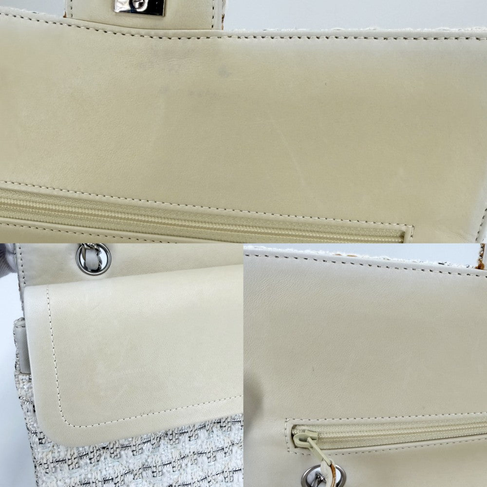 CHANEL シャネル ショルダーバッグ マトラッセ25 ココマーク ダブルフラップ ダブルチェーン ツイード レザー ホワイト 白 シルバー金具 レディース【中古品】