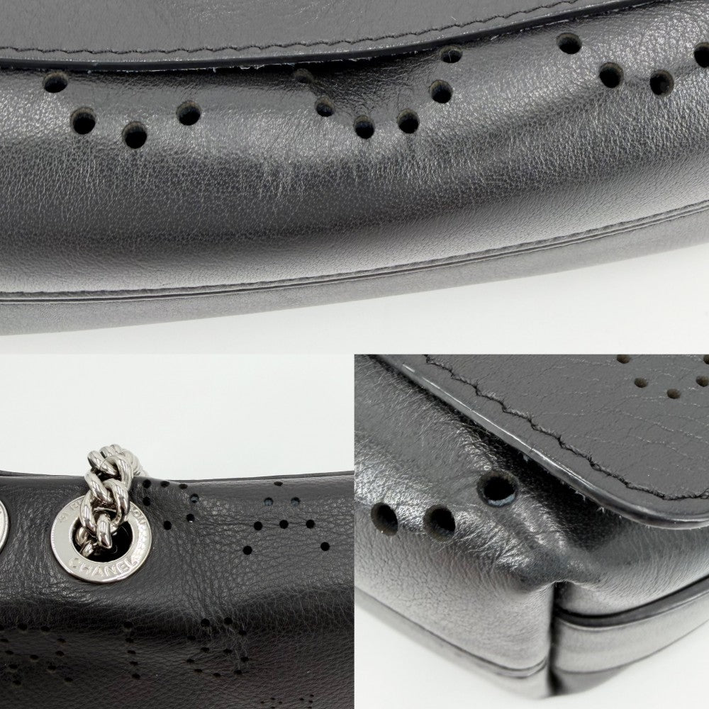 CHANEL シャネル ショルダーバッグ パンチングロゴ チェーンショルダー ココマーク レザー ブラック 黒 シルバー金具 レディース【中古品】