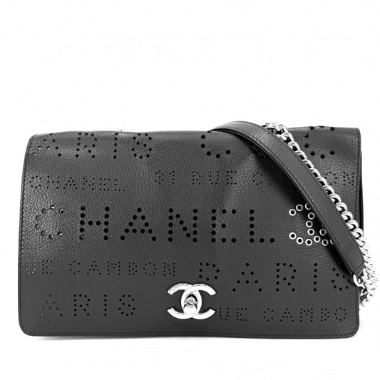 CHANEL シャネル ショルダーバッグ パンチングロゴ チェーンショルダー ココマーク レザー ブラック 黒 シルバー金具 レディース【中古品】