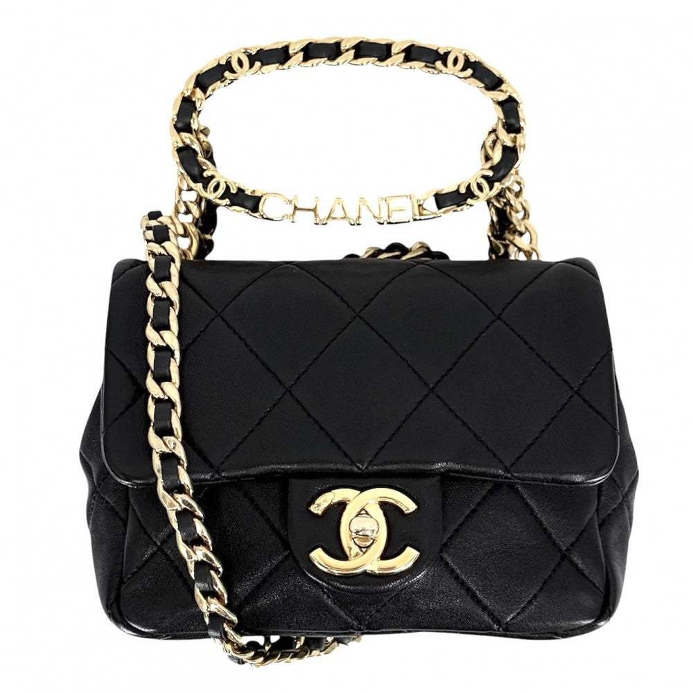 CHANEL シャネル ショルダーバッグ ミニマトラッセ チェーン ターンロック Mini Matelasse トップハンドル ココマーク ラムスキン ブラック 黒 ゴールド金具 レディース【中古品】
