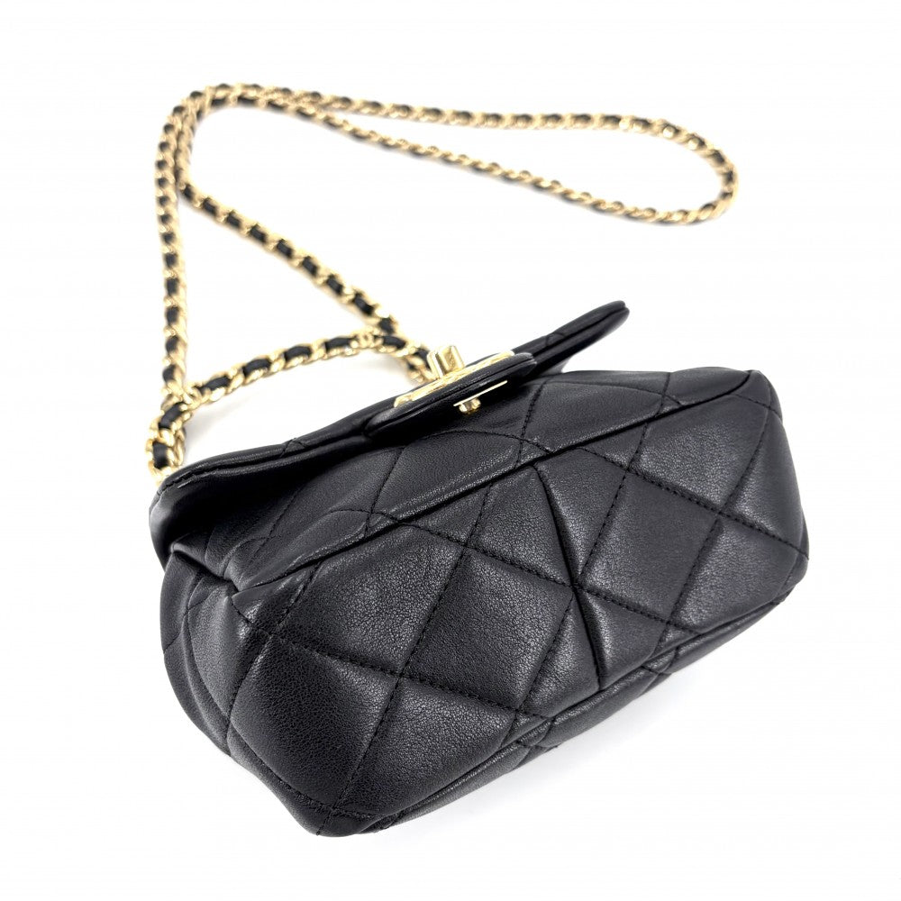CHANEL シャネル ショルダーバッグ ミニマトラッセ チェーン ターンロック Mini Matelasse トップハンドル ココマーク ラムスキン ブラック 黒 ゴールド金具 レディース【中古品】