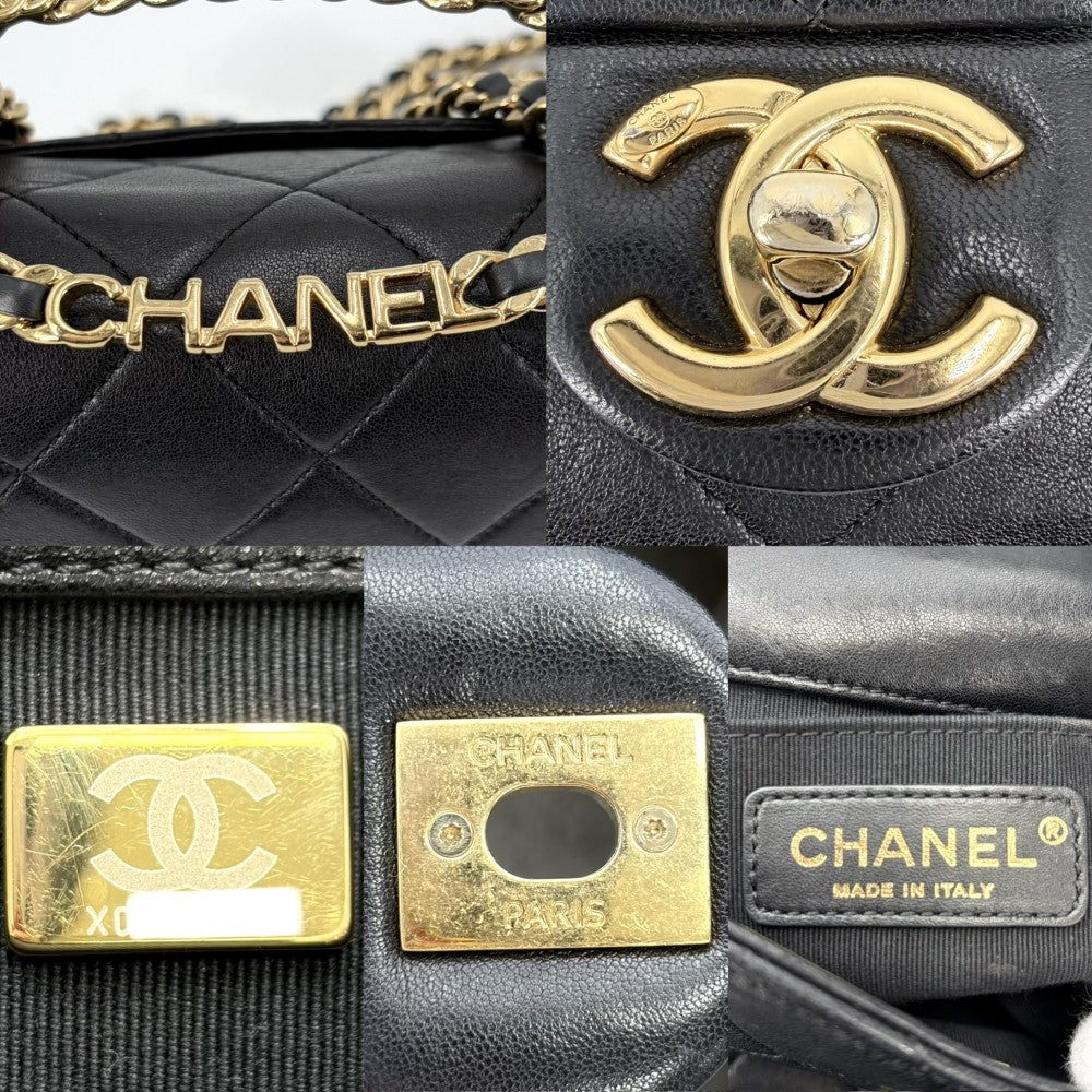 CHANEL シャネル ショルダーバッグ ミニマトラッセ チェーン ターンロック Mini Matelasse トップハンドル ココマーク ラムスキン ブラック 黒 ゴールド金具 レディース【中古品】
