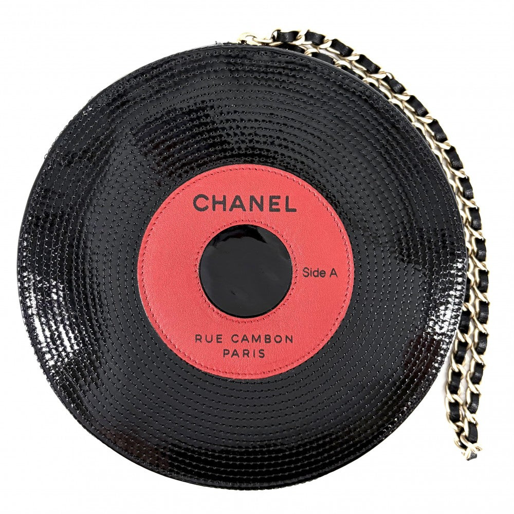 CHANEL シャネル クラッチバッグ レコード チェーン ポーチ パテントレザー ブラック 黒 ゴールド金具 レディース【中古品】