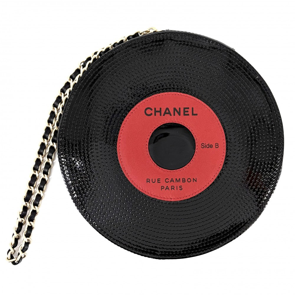 CHANEL シャネル クラッチバッグ レコード チェーン ポーチ パテントレザー ブラック 黒 ゴールド金具 レディース【中古品】