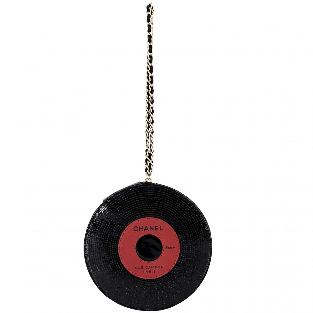 CHANEL シャネル クラッチバッグ レコード チェーン ポーチ パテントレザー ブラック 黒 ゴールド金具 レディース【中古品】
