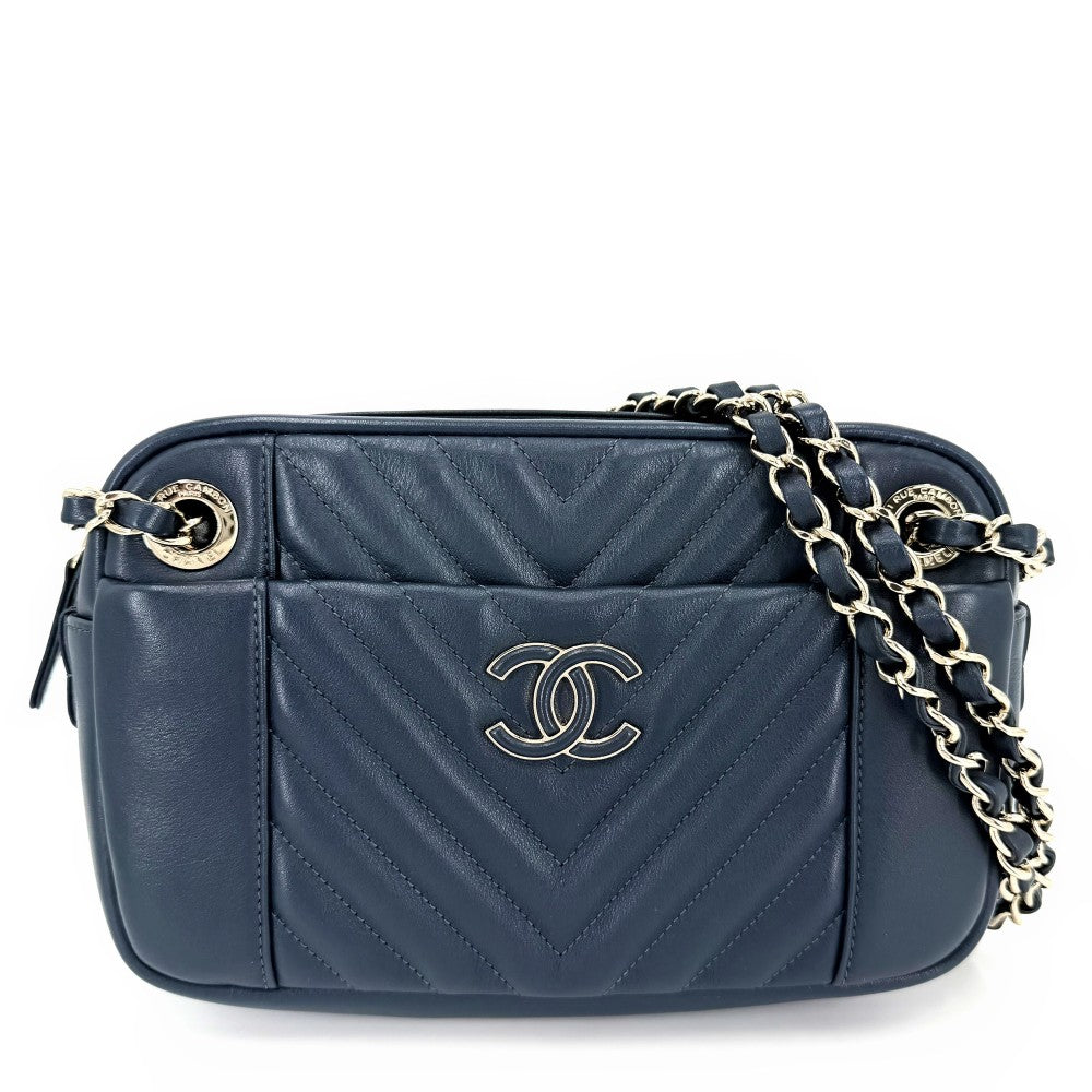 CHANEL シャネル ショルダーバッグ ココマーク チェーン シェブロン レザー ネイビー 紺 ゴールド金具 レディース【中古品】