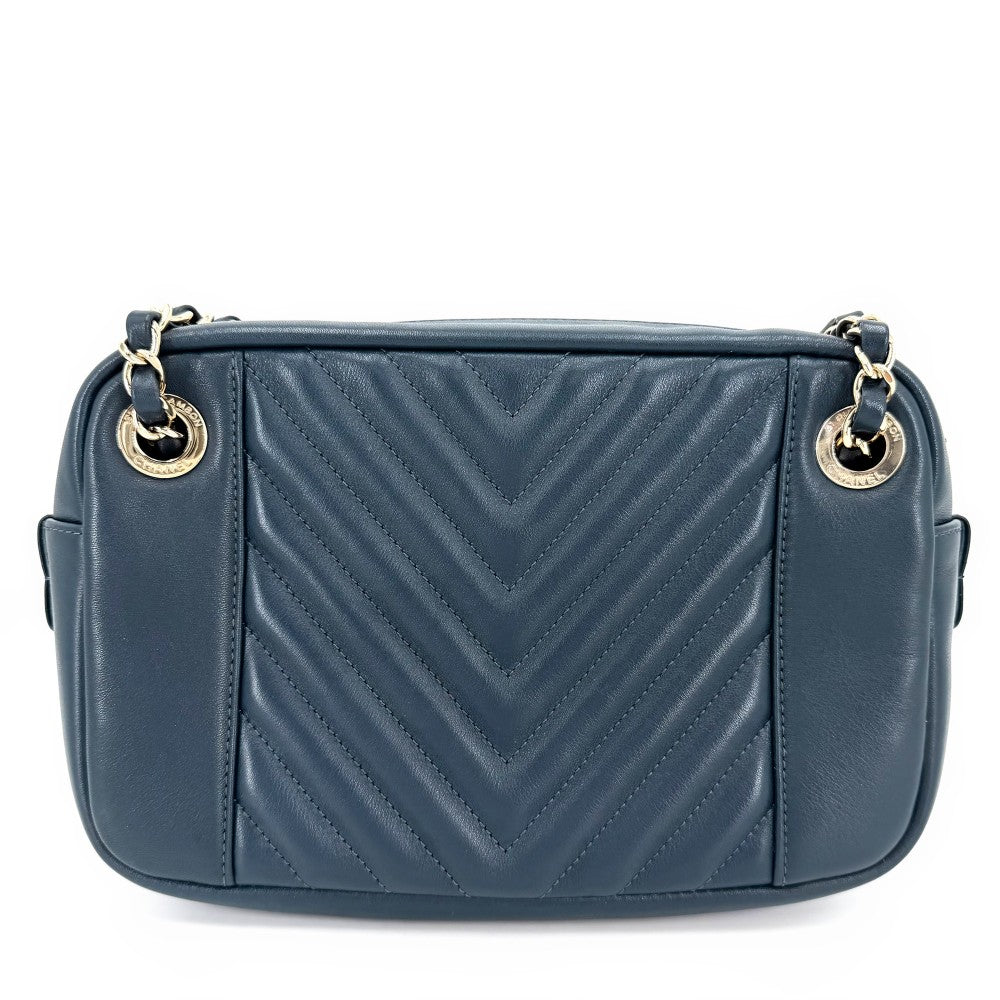 CHANEL シャネル ショルダーバッグ ココマーク チェーン シェブロン レザー ネイビー 紺 ゴールド金具 レディース【中古品】