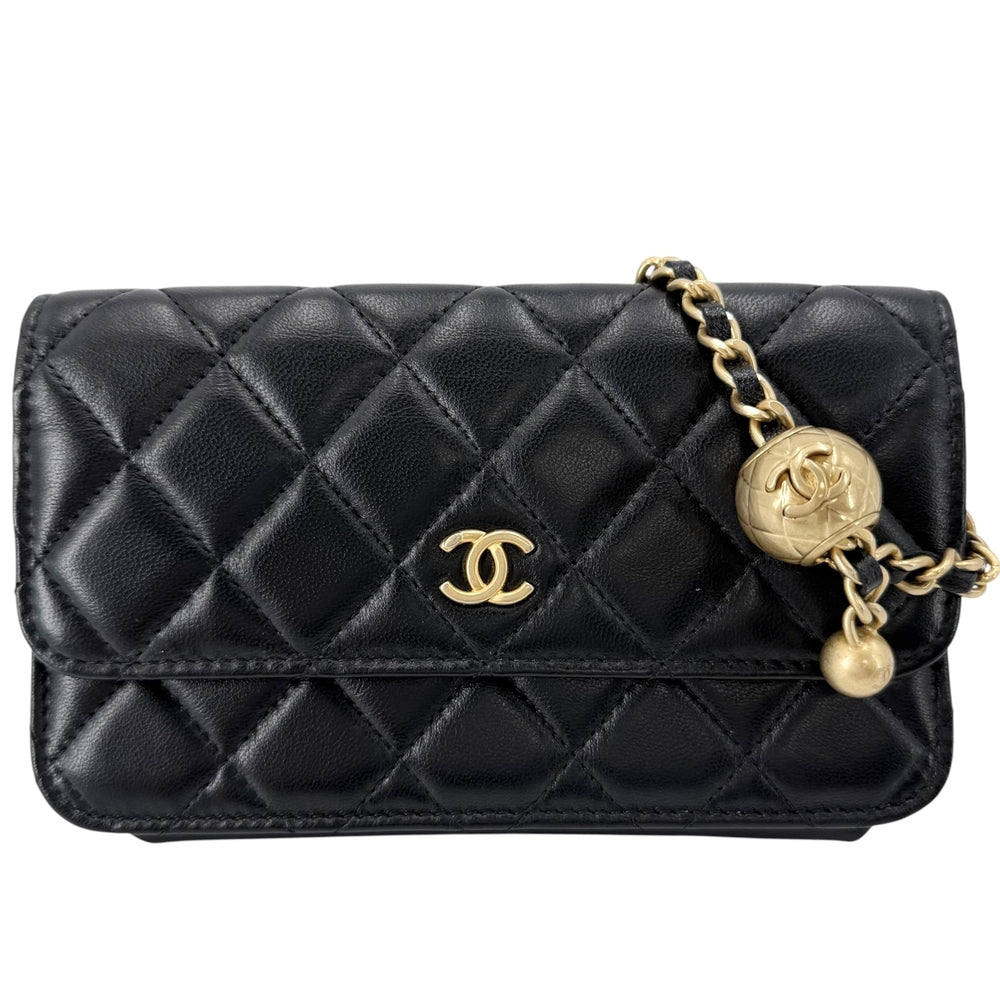 CHANEL シャネル ショルダーバッグ マトラッセ チェーンウォレット フォンホルダー ココボール ボールチェーン ラムスキン ブラック 黒 ゴールド金具 レディース【中古品】