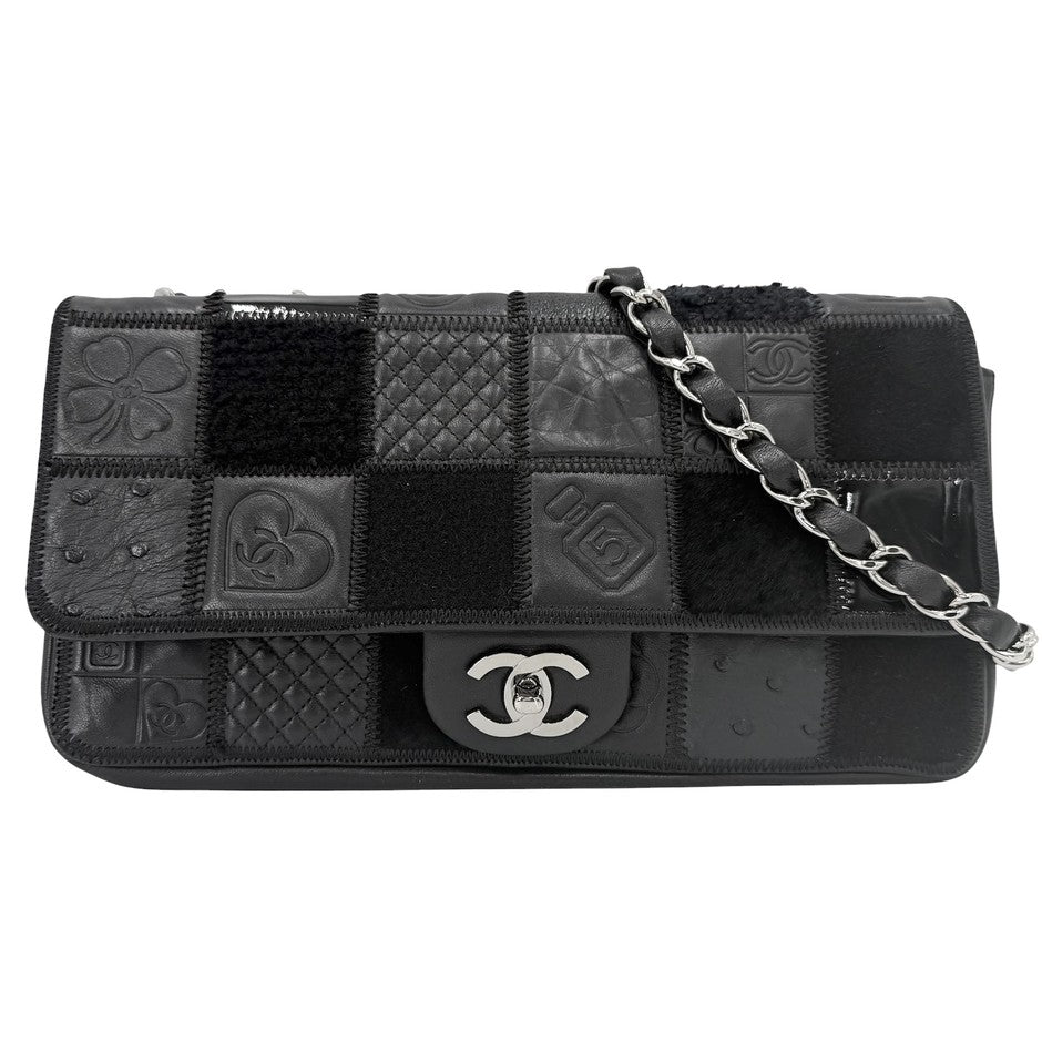 CHANEL シャネル ショルダーバッグ パッチワーク ココマーク チェーンショルダー ダブルチェーン レザー スウェード ブラック 黒 シルバー金具 レディース【中古品】