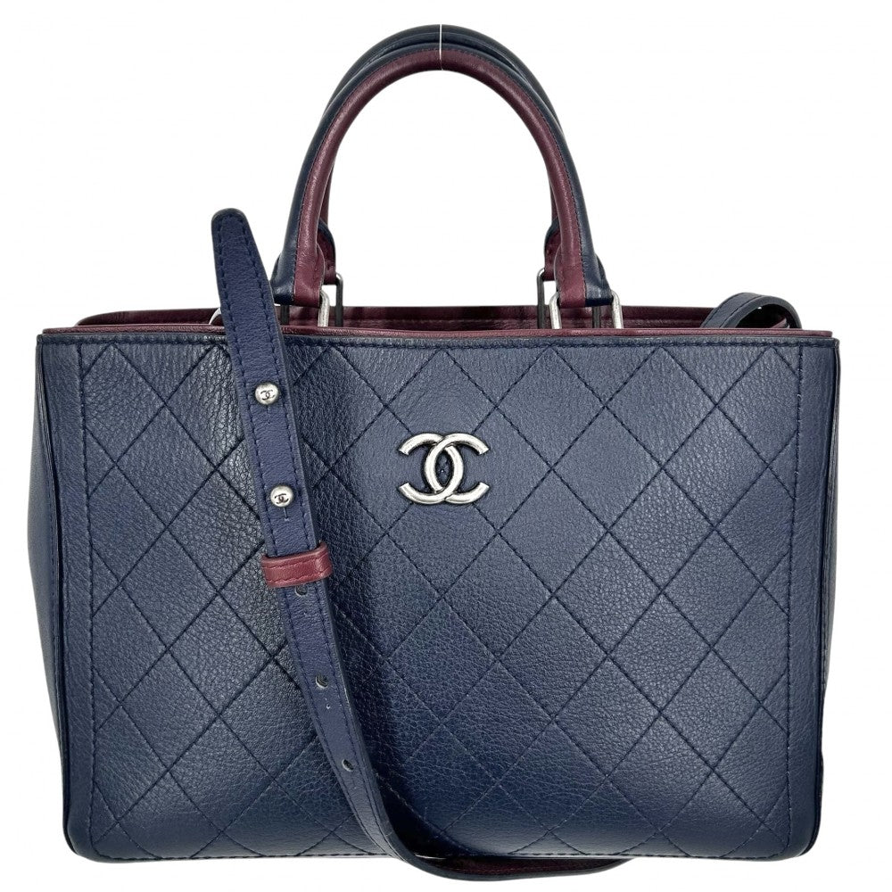 【開店SALE】 CHANEL シャネル 2WAY ココマーク ハンドバッグ ショルダーバッグ ココ かばん 鞄 レザー ネイビー 紺 ボルドー シルバー金具 レディース【中古品】