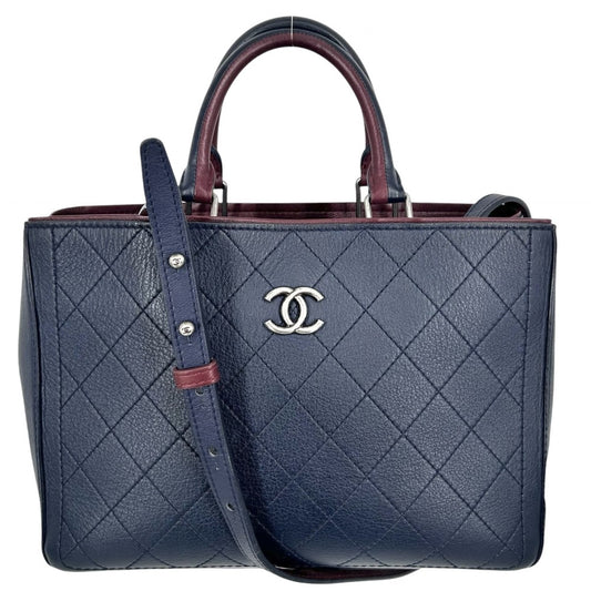CHANEL シャネル 2WAY ココマーク ハンドバッグ ショルダーバッグ ココ かばん 鞄 レザー ネイビー 紺 ボルドー シルバー金具 レディース【中古品】
