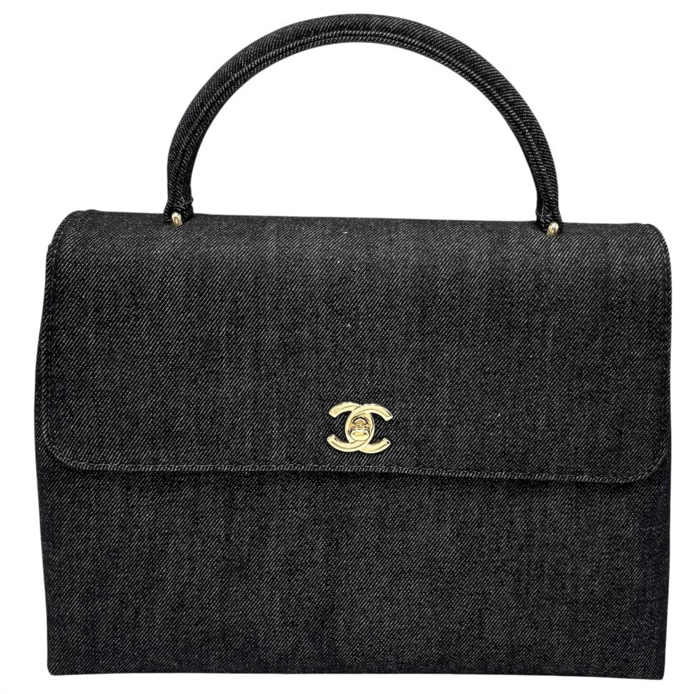 【開店SALE】 CHANEL シャネル ハンドバッグ トップハンドル ココマーク ターンロック 鞄 かばん デニム ブラック 黒 ゴールド金具 レディース【中古品】