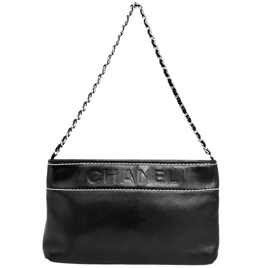 CHANEL シャネル ハンドバッグ ロゴ アクセサリーポーチ ミニバッグ チェーンショルダー ヴィンテージ レザー ブラック 黒 シルバー金具 レディース【中古品】
