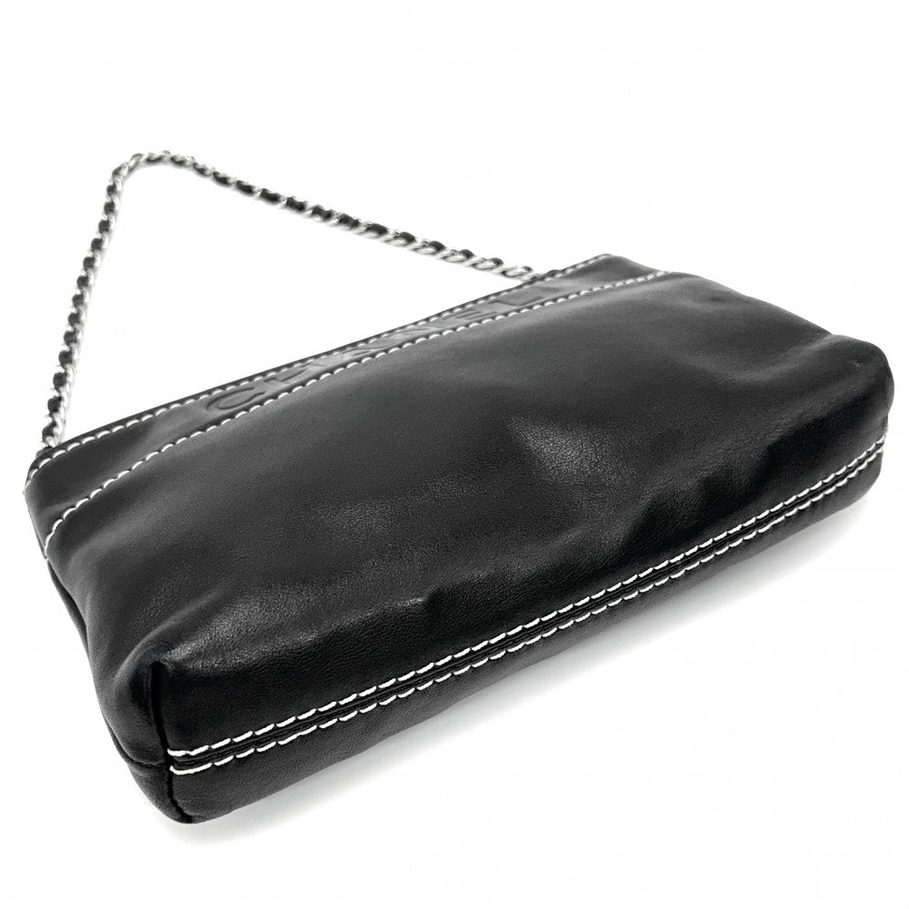 CHANEL シャネル ハンドバッグ ロゴ アクセサリーポーチ ミニバッグ チェーンショルダー ヴィンテージ レザー ブラック 黒 シルバー金具 レディース【中古品】