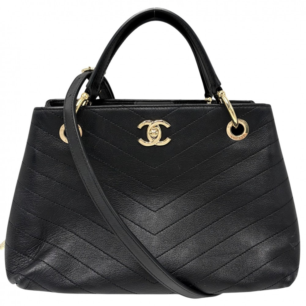 【開店SALE】 CHANEL シャネル 2WAY シェブロン Vステッチ チェーンショルダーバッグ ハンドバッグ ココマーク レザー ブラック 黒 ゴールド金具 レディース【中古品】