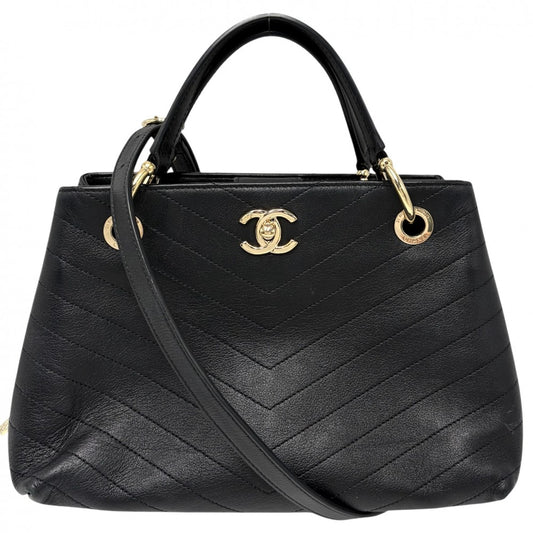 【開店SALE】 CHANEL シャネル 2WAY シェブロン Vステッチ チェーンショルダーバッグ ハンドバッグ ココマーク レザー ブラック 黒 ゴールド金具 レディース【中古品】