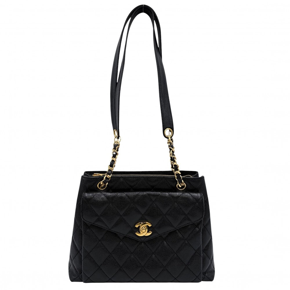 CHANEL シャネル ショルダーバッグ ココマーク マトラッセ フルフラップ A06323 キャビアスキン ブラック 黒 ゴールド金具 レディース【中古品】