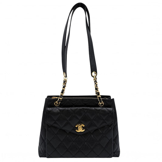 CHANEL シャネル ショルダーバッグ ココマーク マトラッセ フルフラップ A06323 キャビアスキン ブラック 黒 ゴールド金具 レディース【中古品】