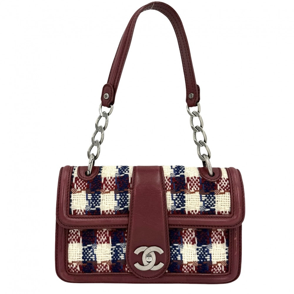 CHANEL シャネル ショルダーバッグ ココマーク チェック ハンドバッグ ツイード レザー レッド 赤 シルバー金具 レディース【中古品】