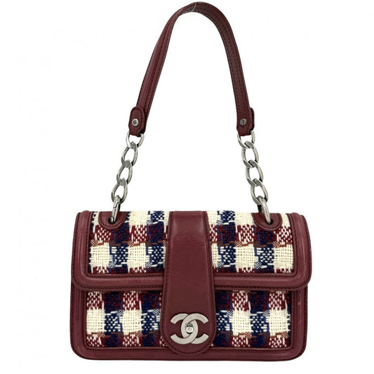 CHANEL シャネル ショルダーバッグ ココマーク チェック ハンドバッグ ツイード レザー レッド 赤 シルバー金具 レディース【中古品】