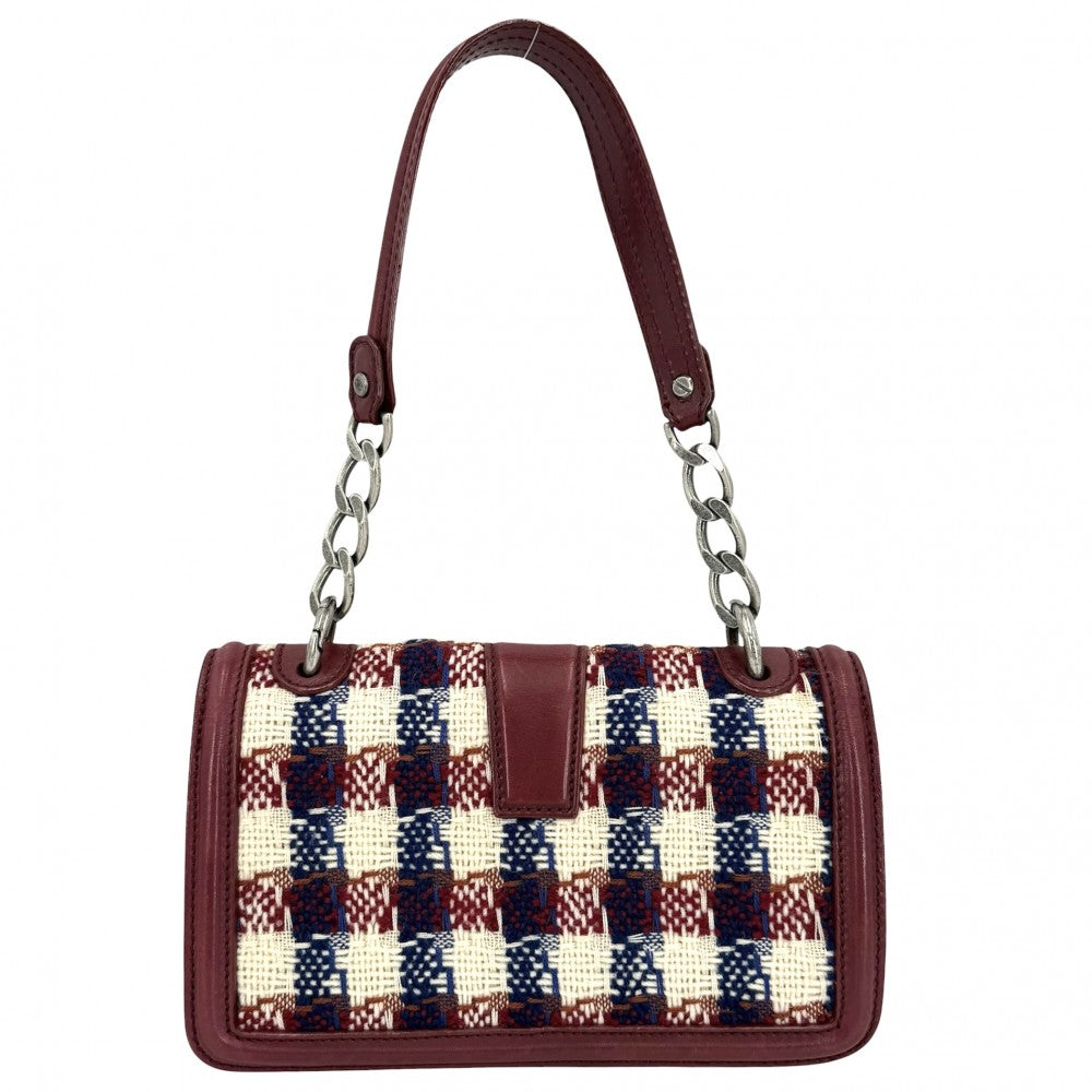 CHANEL シャネル ショルダーバッグ ココマーク チェック ハンドバッグ ツイード レザー レッド 赤 シルバー金具 レディース【中古品】